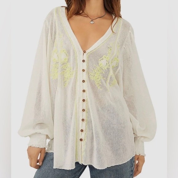 Free People Women's Ivory Margie Embroidered Cardigan Top Size L - Picture 1 of 8